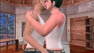 This sexy 3D stud with green hair is sucking a hot hunks big cock porn video